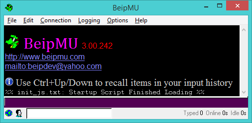 Screenshot of BeipMU after it starts up, featuring the dev's email address